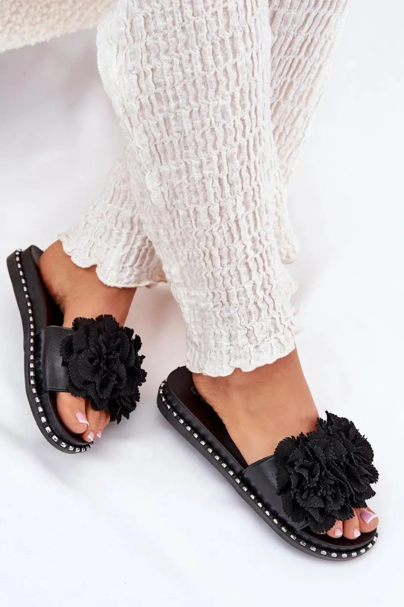 Klapki Damskie Klasyczne>Boto Klapki Damskie Z Materiałowymi Kwiatami Czarne Elachase