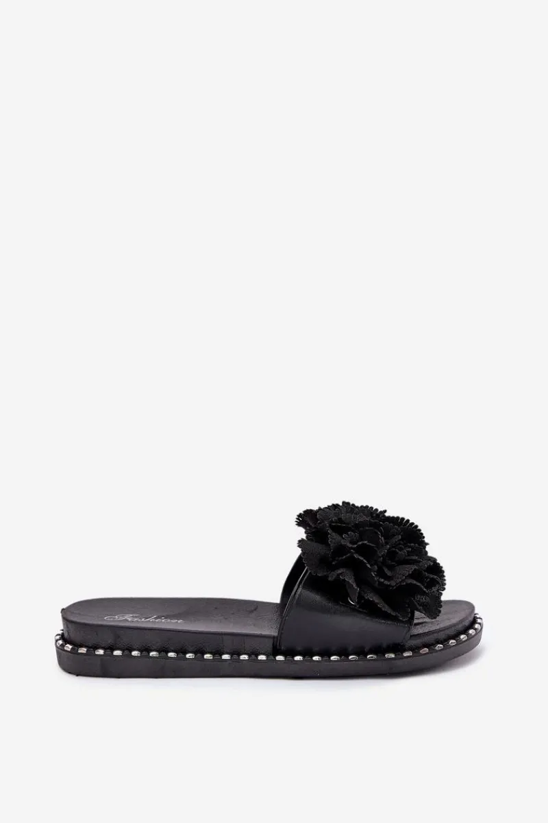 Klapki Damskie Klasyczne>Boto Klapki Damskie Z Materiałowymi Kwiatami Czarne Elachase