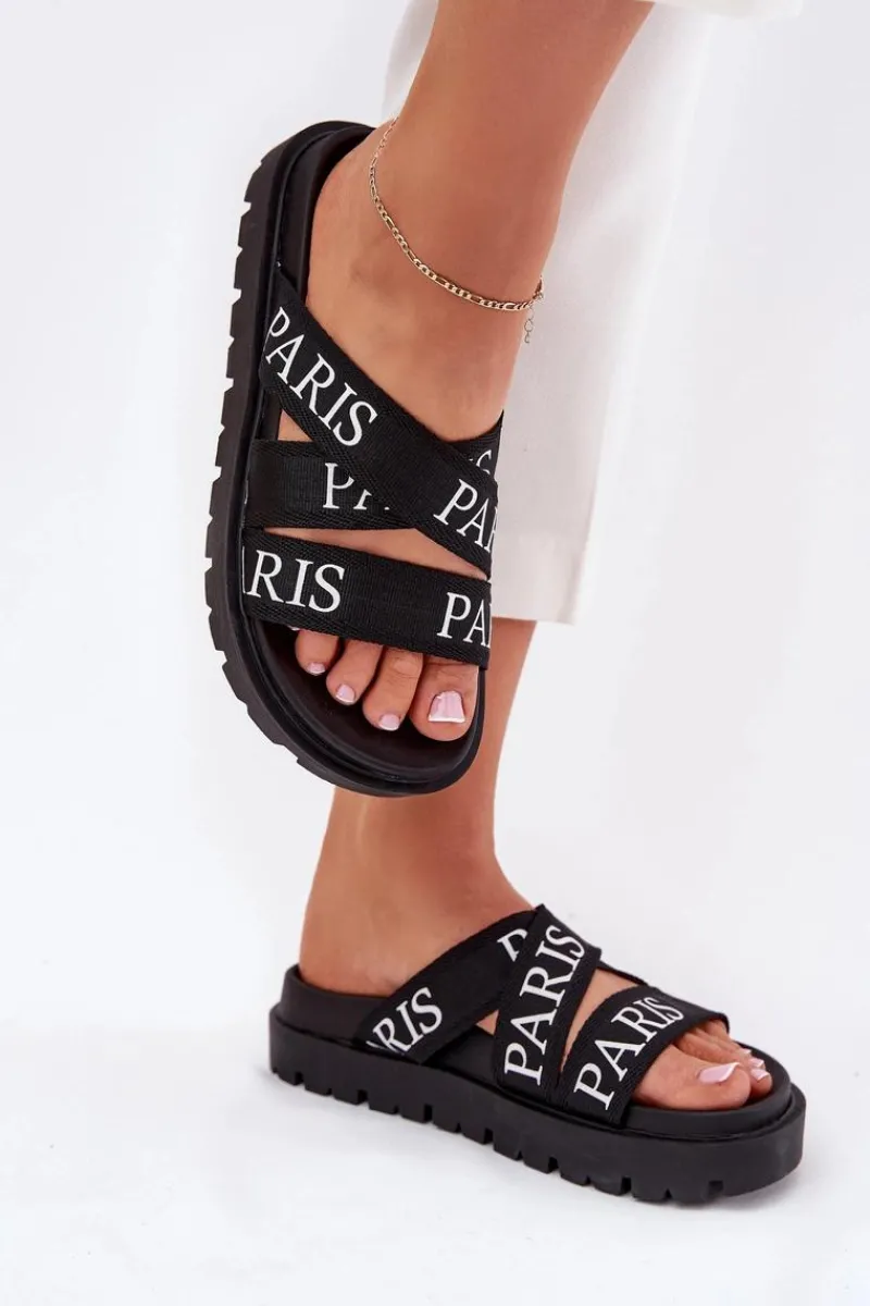 Klapki Damskie Z Materiałowymi Paskami Paris Na Platformie Czarne Celinea Damskie Klapki Na Platformie|Klapki Damskie Klasyczne