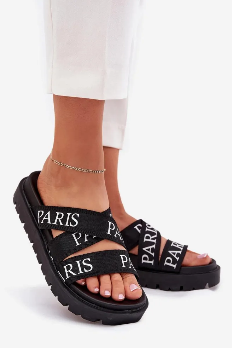 Klapki Damskie Z Materiałowymi Paskami Paris Na Platformie Czarne Celinea Damskie Klapki Na Platformie|Klapki Damskie Klasyczne