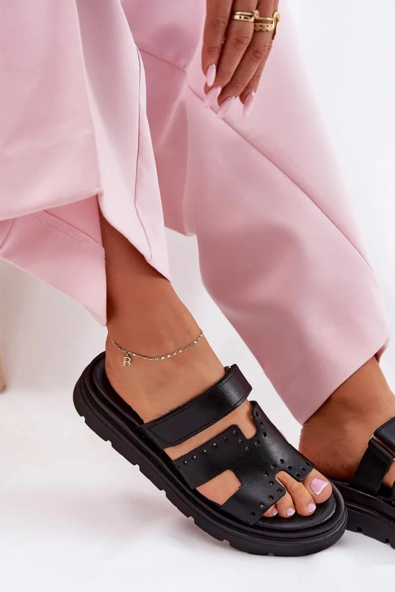 Zazoo Klapki Damskie Z Naturalnej Skóry Na Platformie 40440 Czarne Czarny