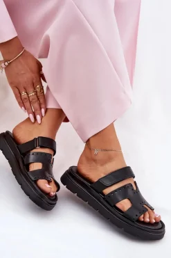 Zazoo Klapki Damskie Z Naturalnej Skóry Na Platformie 40440 Czarne Czarny