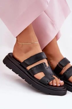 Zazoo Klapki Damskie Z Naturalnej Skóry Na Platformie 40440 Czarne Czarny