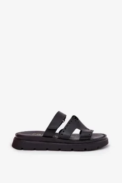 Zazoo Klapki Damskie Z Naturalnej Skóry Na Platformie 40440 Czarne Czarny