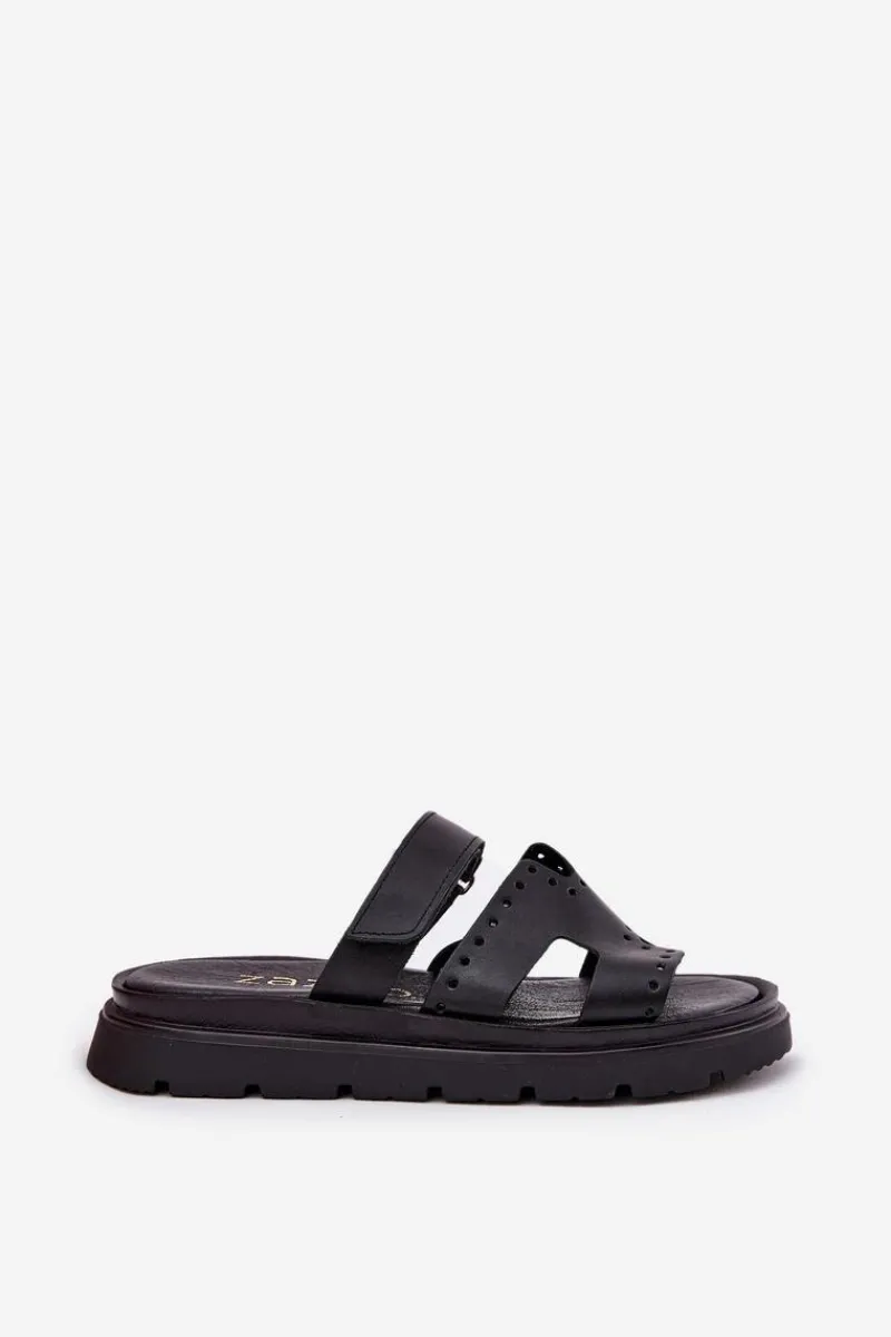 Zazoo Klapki Damskie Z Naturalnej Skóry Na Platformie 40440 Czarne Czarny