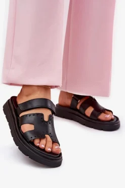 Zazoo Klapki Damskie Z Naturalnej Skóry Na Platformie 40440 Czarne Czarny