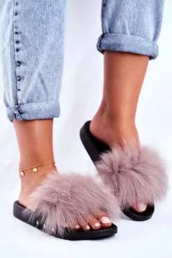 Klapki Z Futerkiem|Klapki Damskie Klasyczne>Boto Klapki Damskie z Naturalnym Futerkiem Jasno Szare Bushido