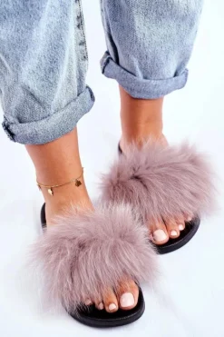 Klapki Z Futerkiem|Klapki Damskie Klasyczne>Boto Klapki Damskie z Naturalnym Futerkiem Jasno Szare Bushido