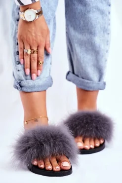 Hot Boto Klapki Damskie z Naturalnym Futerkiem Szare Bushido