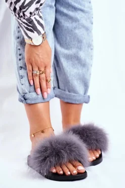 Hot Boto Klapki Damskie z Naturalnym Futerkiem Szare Bushido