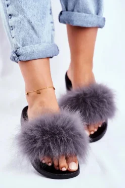 Hot Boto Klapki Damskie z Naturalnym Futerkiem Szare Bushido