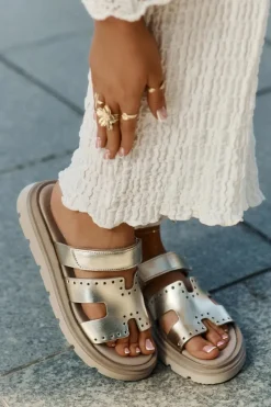 Klapki Damskie Z Naturalnej Skóry Na Platformie 40440 Złote Damskie Klapki Damskie Klasyczne