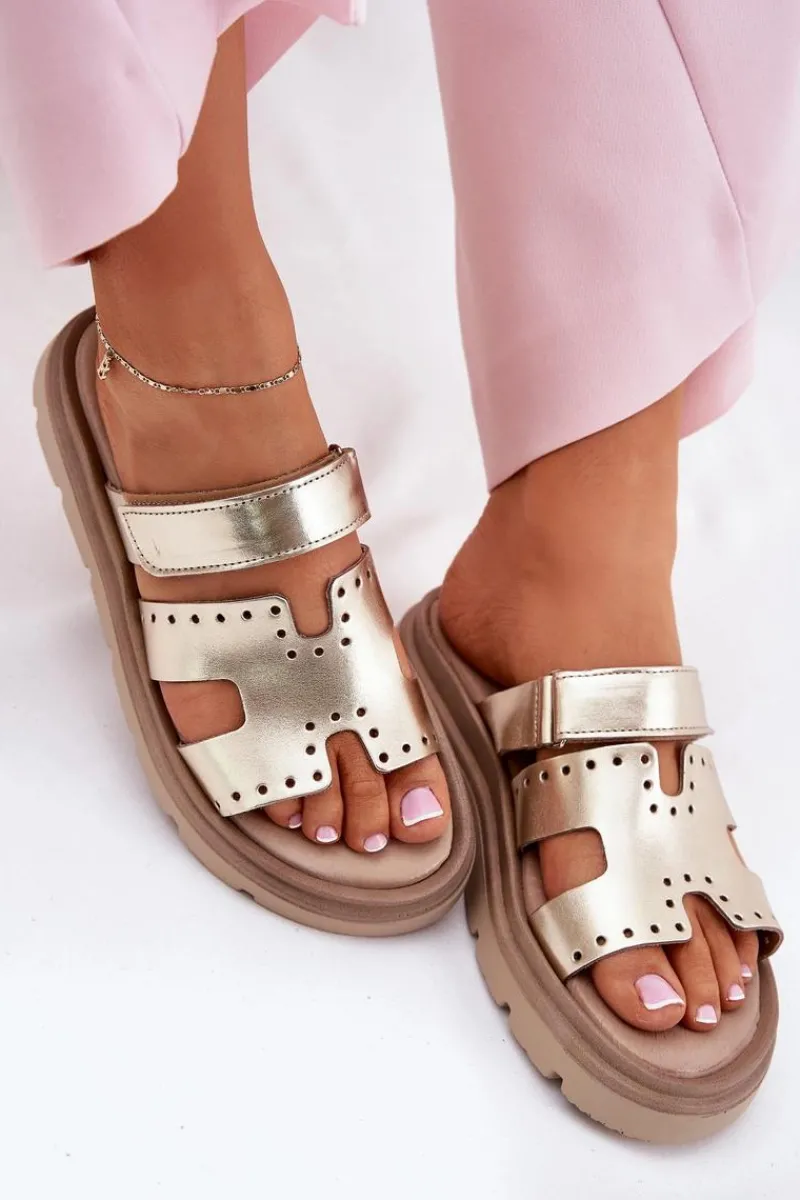 Klapki Damskie Z Naturalnej Skóry Na Platformie 40440 Złote Damskie Klapki Damskie Klasyczne