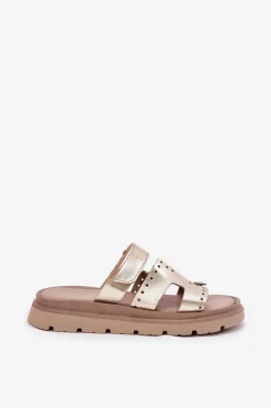 Klapki Damskie Z Naturalnej Skóry Na Platformie 40440 Złote Damskie Klapki Damskie Klasyczne