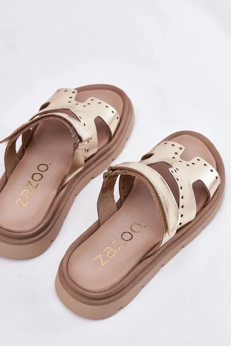 Klapki Damskie Z Naturalnej Skóry Na Platformie 40440 Złote Damskie Klapki Damskie Klasyczne