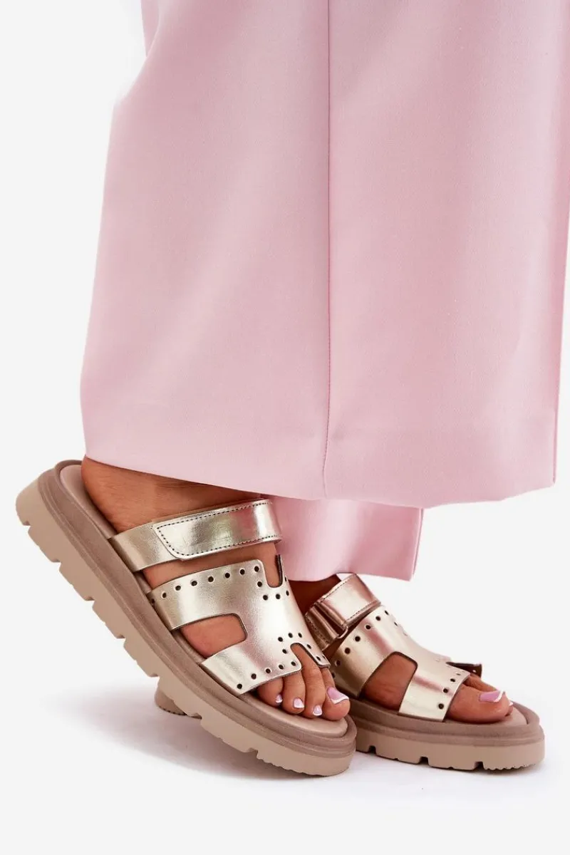 Klapki Damskie Z Naturalnej Skóry Na Platformie 40440 Złote Damskie Klapki Damskie Klasyczne