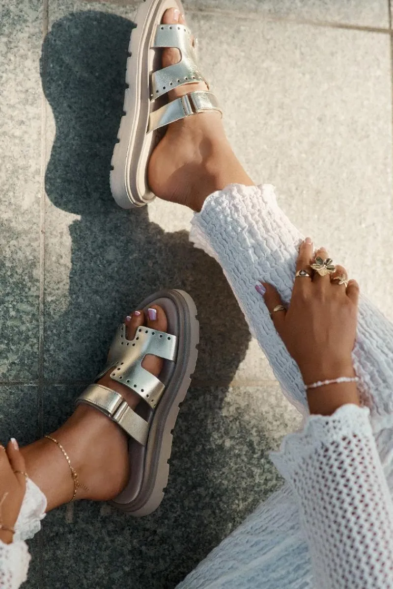 Klapki Damskie Z Naturalnej Skóry Na Platformie 40440 Złote Damskie Klapki Damskie Klasyczne