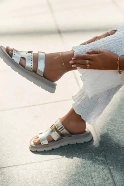 Klapki Damskie Z Naturalnej Skóry Na Platformie 40440 Złote Damskie Klapki Damskie Klasyczne