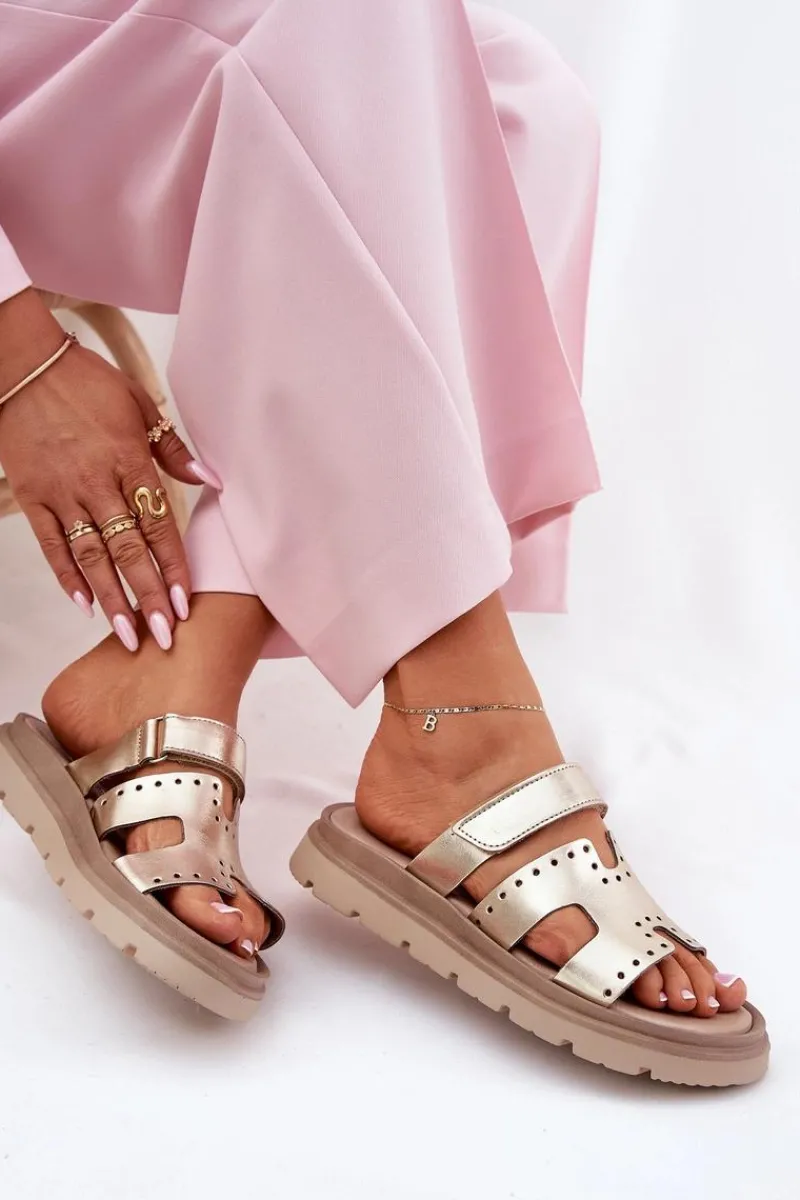 Klapki Damskie Z Naturalnej Skóry Na Platformie 40440 Złote Damskie Klapki Damskie Klasyczne