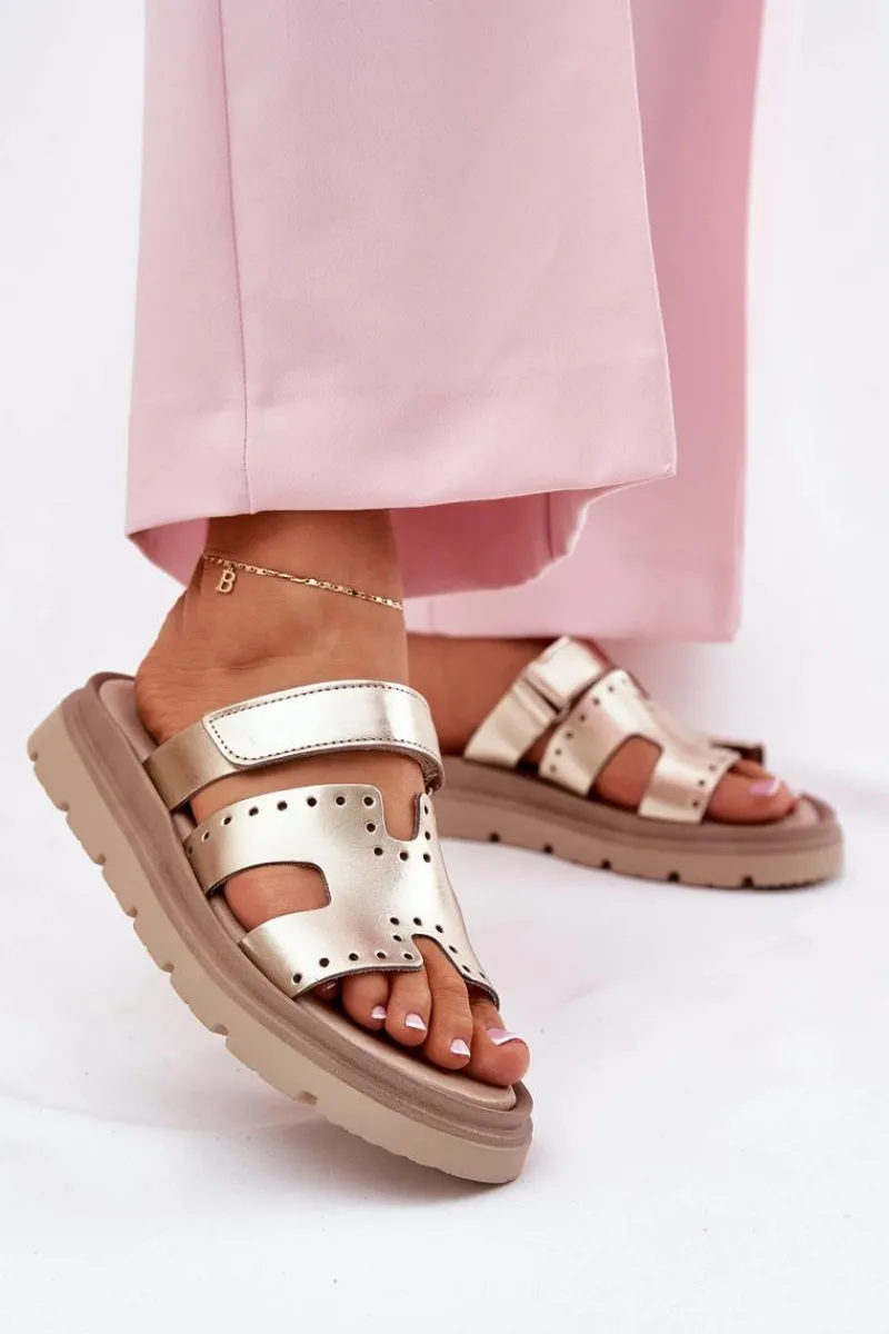 Klapki Damskie Z Naturalnej Skóry Na Platformie 40440 Złote Damskie Klapki Damskie Klasyczne