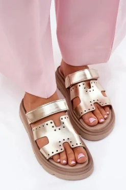 Klapki Damskie Z Naturalnej Skóry Na Platformie 40440 Złote Damskie Klapki Damskie Klasyczne