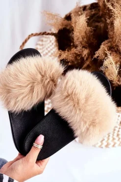 Hot Klapki Damskie z Naturalnym Futerkiem Beżowe Bushido Damskie Klapki Z Futerkiem|Klapki Damskie Klasyczne