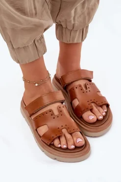 Klapki Damskie Klasyczne>Zazoo Klapki Damskie Z Naturalnej Skóry Na Platformie 40440 Brązowe