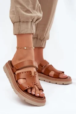 Klapki Damskie Klasyczne>Zazoo Klapki Damskie Z Naturalnej Skóry Na Platformie 40440 Brązowe