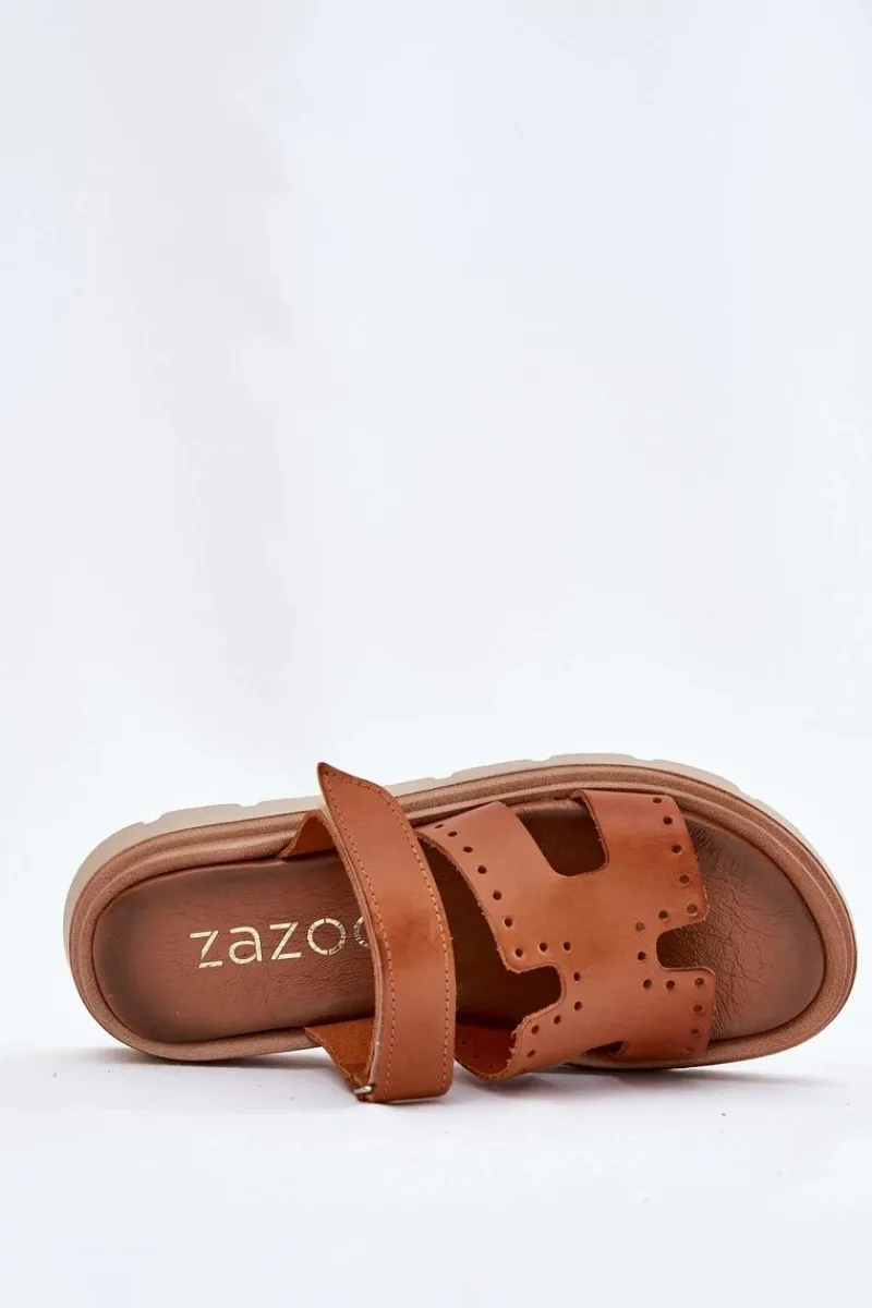 Klapki Damskie Klasyczne>Zazoo Klapki Damskie Z Naturalnej Skóry Na Platformie 40440 Brązowe