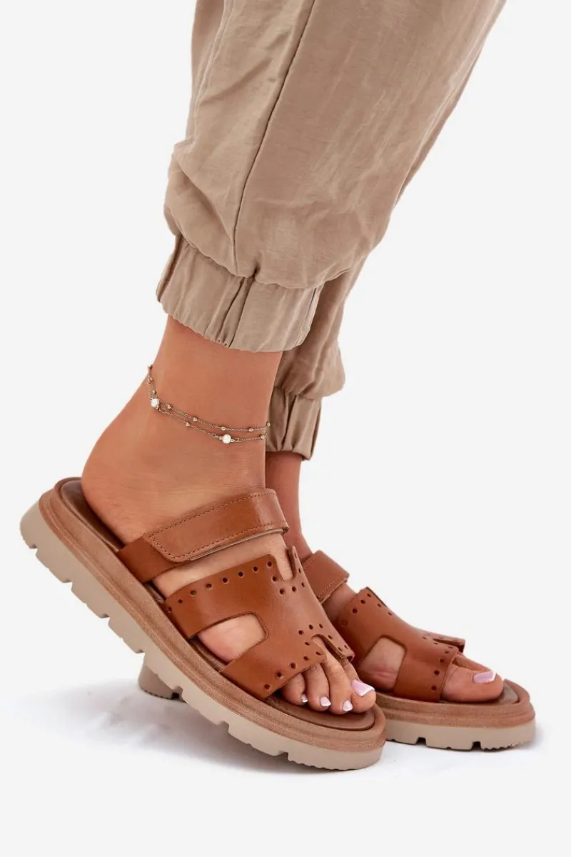 Klapki Damskie Klasyczne>Zazoo Klapki Damskie Z Naturalnej Skóry Na Platformie 40440 Brązowe