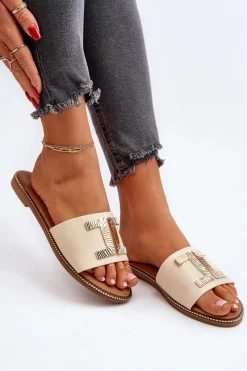 New Klapki Damskie Z Ozdobą Beżowe Ollavia Damskie Klapki Damskie Klasyczne