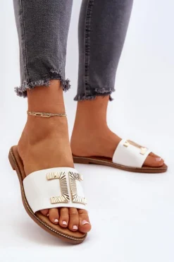 Discount Boto Klapki Damskie Z Ozdobą Białe Ollavia