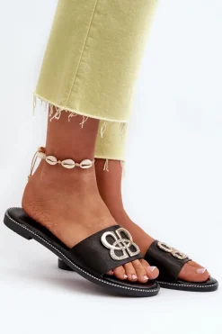 Klapki Damskie Klasyczne>Boto Klapki Damskie Z Ozdobą Eko Skórzane Na Płaskim Obcasie Czarne Sadria