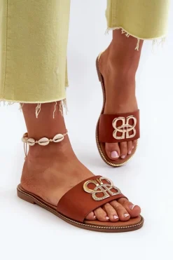 Klapki Damskie Klasyczne>Boto Klapki Damskie Z Ozdobą Eko Skórzane Na Płaskim Obcasie Brązowe Sadria