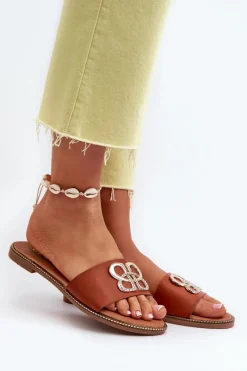 Klapki Damskie Klasyczne>Boto Klapki Damskie Z Ozdobą Eko Skórzane Na Płaskim Obcasie Brązowe Sadria