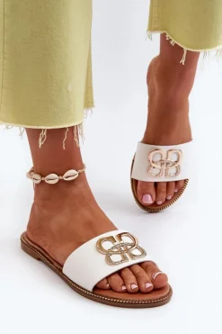 Sale Klapki Damskie Z Ozdobą Eko Skórzane Na Płaskim Obcasie Białe Sadria Damskie Klapki Damskie Klasyczne