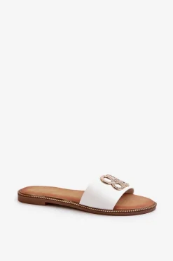 Sale Klapki Damskie Z Ozdobą Eko Skórzane Na Płaskim Obcasie Białe Sadria Damskie Klapki Damskie Klasyczne
