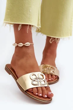 Sale Klapki Damskie Z Ozdobą Eko Skórzane Na Płaskim Obcasie Złote Sadria Damskie Klapki Damskie Klasyczne