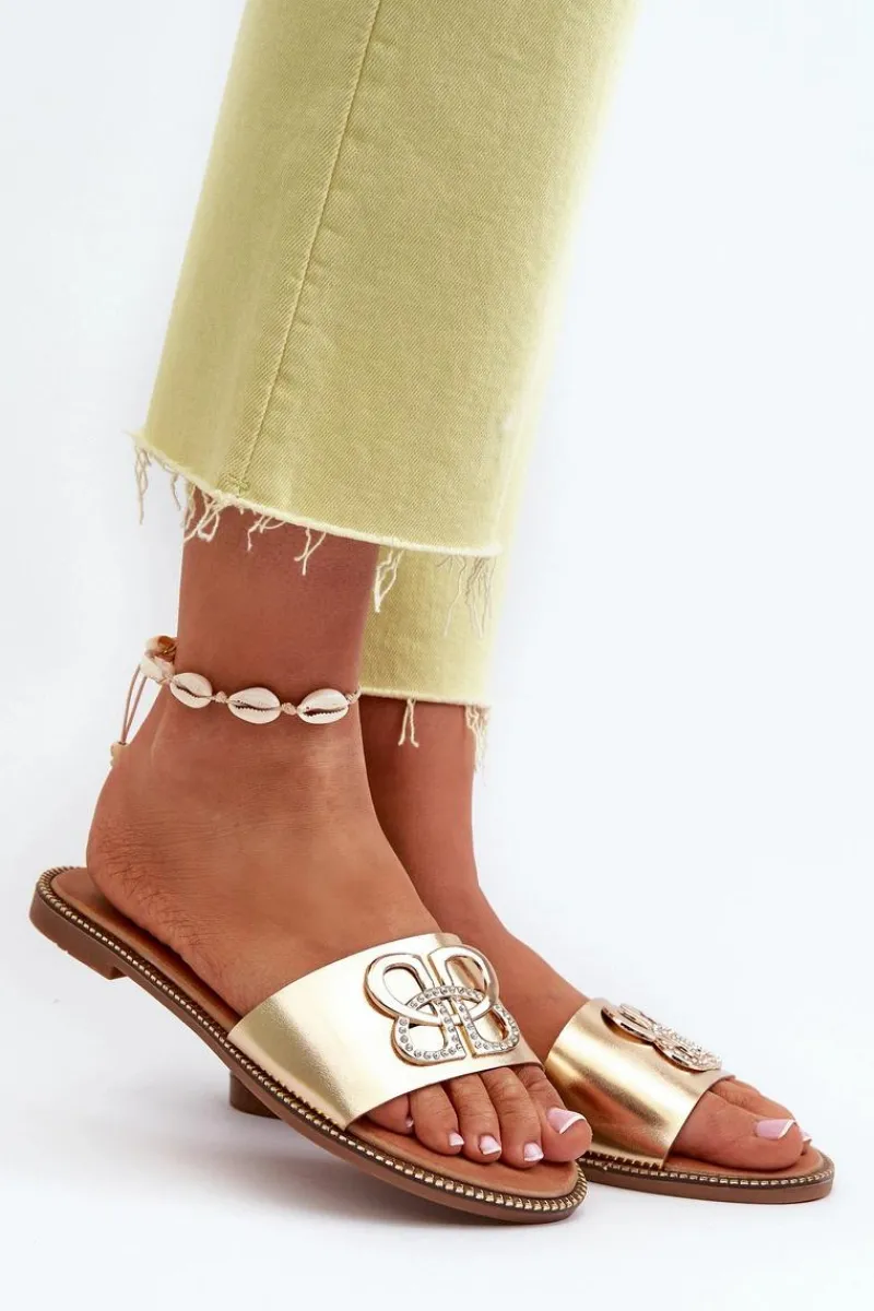 Sale Klapki Damskie Z Ozdobą Eko Skórzane Na Płaskim Obcasie Złote Sadria Damskie Klapki Damskie Klasyczne