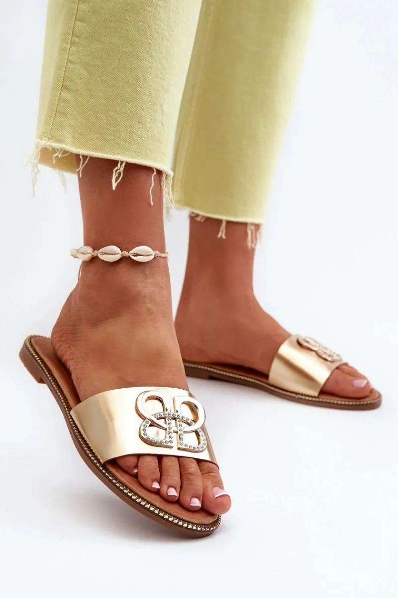 Sale Klapki Damskie Z Ozdobą Eko Skórzane Na Płaskim Obcasie Złote Sadria Damskie Klapki Damskie Klasyczne