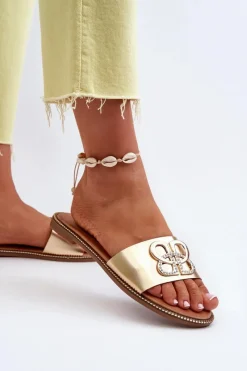 Sale Klapki Damskie Z Ozdobą Eko Skórzane Na Płaskim Obcasie Złote Sadria Damskie Klapki Damskie Klasyczne