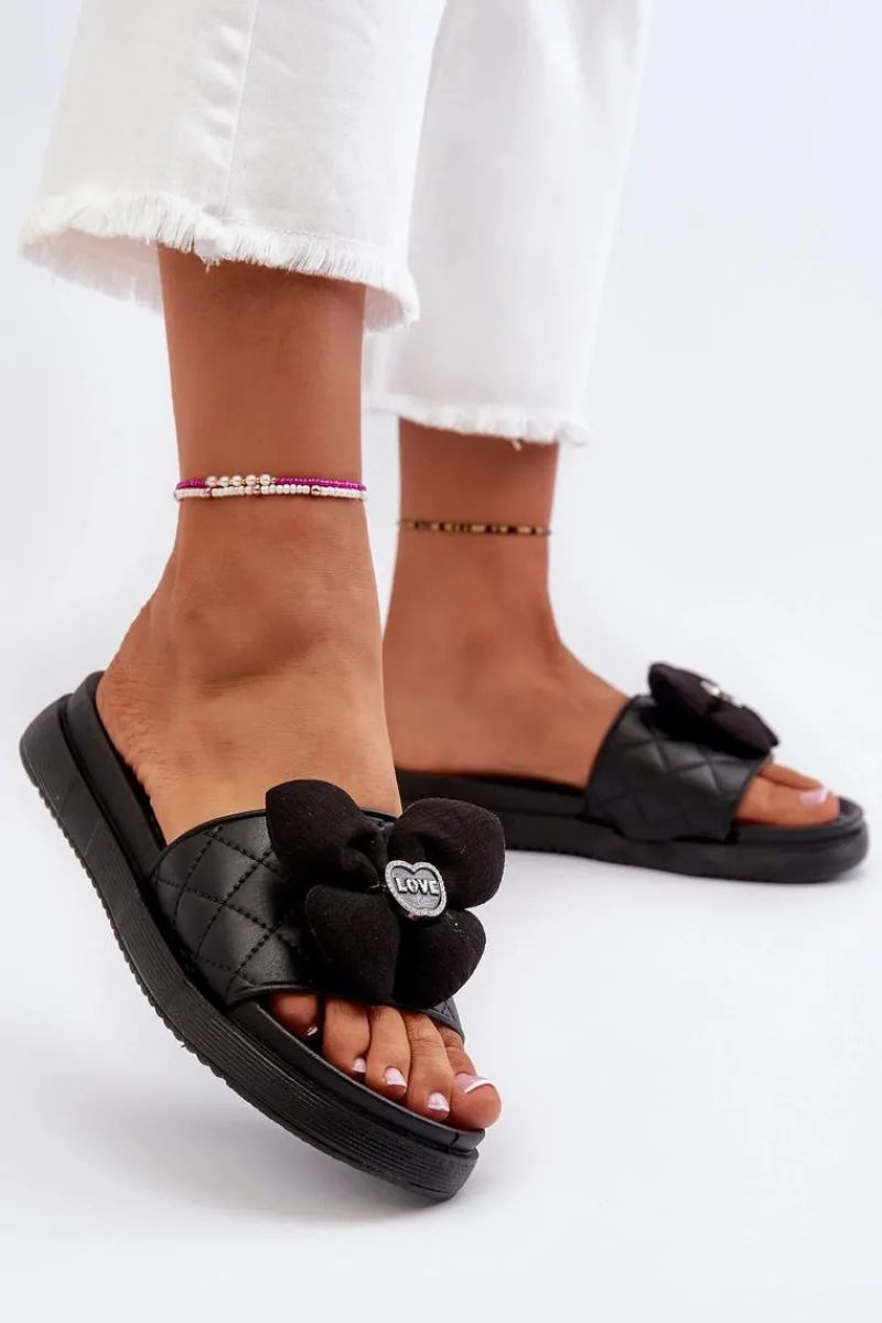 Klapki Damskie Klasyczne>Boto Klapki Damskie Z Ozdobą Na Niskiej Platformie Czarne Cedrella Czarny