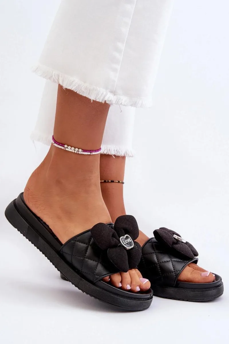 Klapki Damskie Klasyczne>Boto Klapki Damskie Z Ozdobą Na Niskiej Platformie Czarne Cedrella Czarny