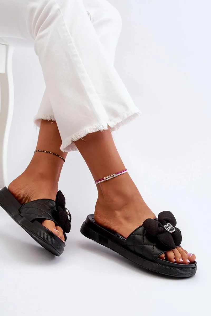 Klapki Damskie Klasyczne>Boto Klapki Damskie Z Ozdobą Na Niskiej Platformie Czarne Cedrella Czarny