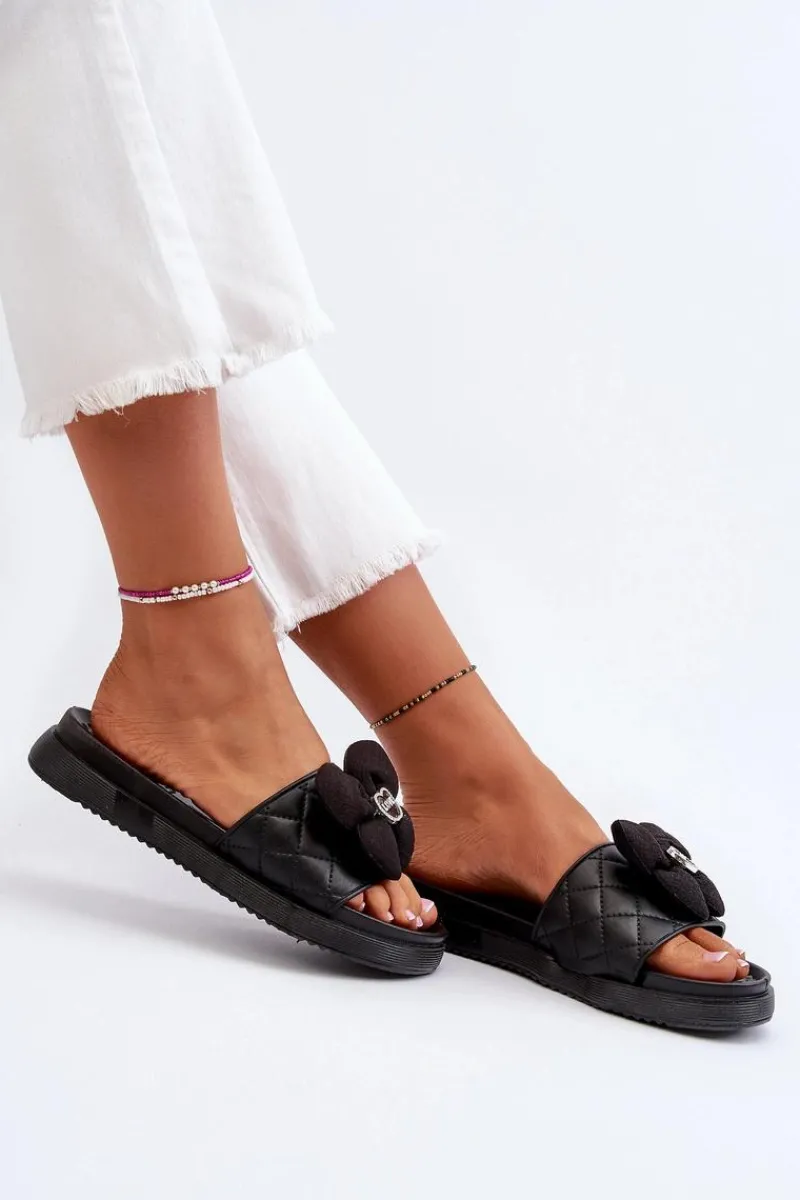 Klapki Damskie Klasyczne>Boto Klapki Damskie Z Ozdobą Na Niskiej Platformie Czarne Cedrella Czarny