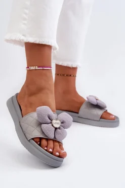 Clearance Boto Klapki Damskie Z Ozdobą Na Niskiej Platformie Szare Cedrella Szary