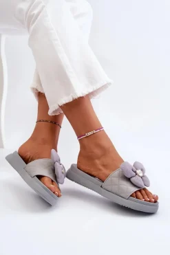 Clearance Boto Klapki Damskie Z Ozdobą Na Niskiej Platformie Szare Cedrella Szary