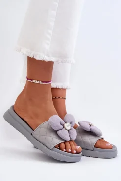 Clearance Boto Klapki Damskie Z Ozdobą Na Niskiej Platformie Szare Cedrella Szary