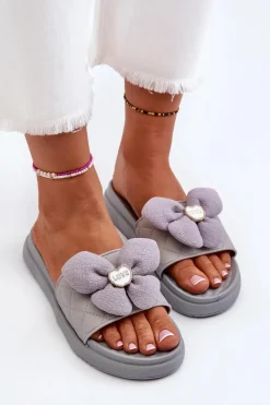 Clearance Boto Klapki Damskie Z Ozdobą Na Niskiej Platformie Szare Cedrella Szary