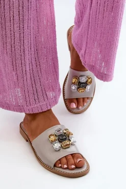 Outlet Klapki Damskie Z Ozdobami S.Barski KV27-031 Beżowe Damskie Klapki Damskie Klasyczne